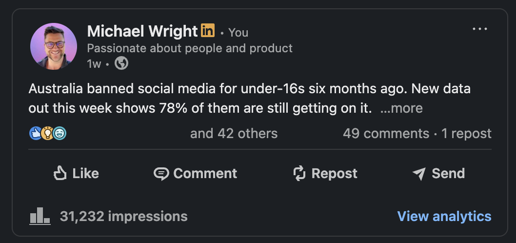 A real LinkedIn post with 31,232 impressions