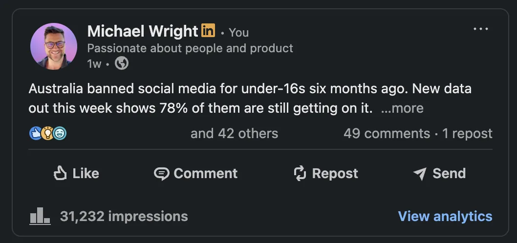 A real LinkedIn post with 31,232 impressions